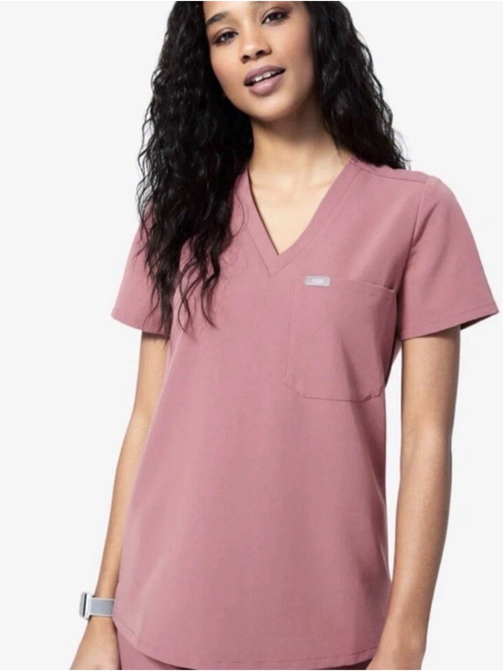 FIGS Women's V-Neck Pocket Top in Dusty Rose